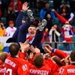 GANGNEUNG, SOUTH KOREA - FEBRUARY 25: Team Olympic Athletes from Russia hoist their head coach Oleg Znarok after a 4-3 win over Team Germany during gold medal round action at the PyeongChang 2018 Olympic Winter Games. (Photo by Matt Zambonin/HHOF-IIHF Images)

